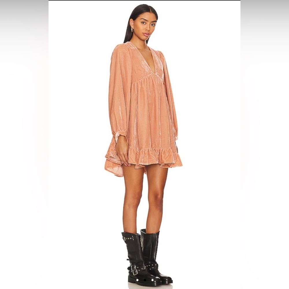 Free People Estella Velvet Babydoll Mini Dress Boho Ruffled Western Dusty Rose - Picture 2 of 7